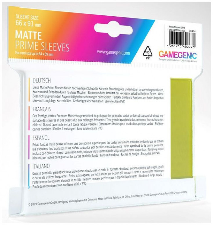 Gamegenic : Matte Prime Card Sleeves - Lime (66mm x 91mm) (100 Sleeves Per Pack)